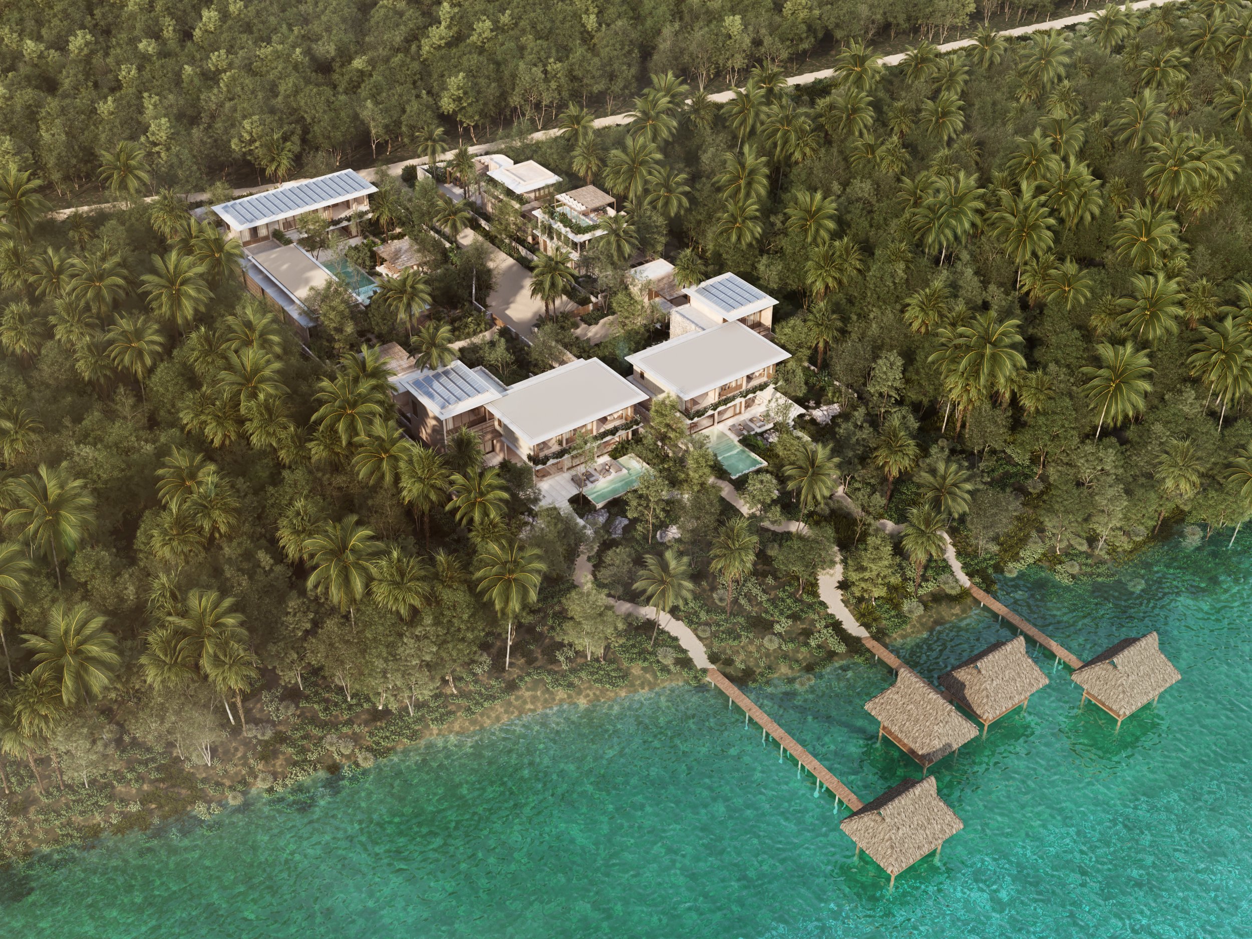 Melipona Bacalar concept render — villas among palms with overwater palapas on the lagoon