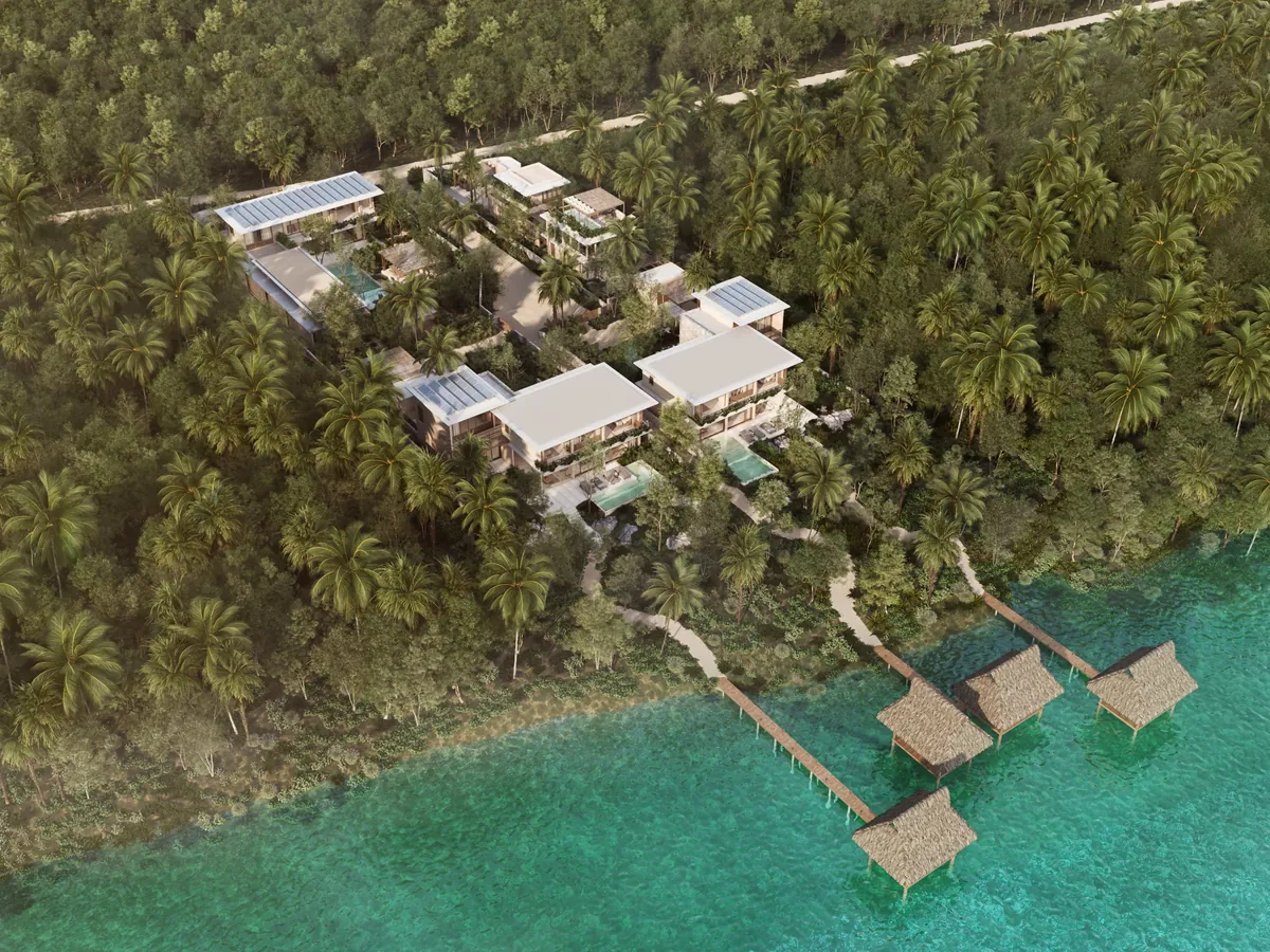 Melipona Bacalar concept render — villas among palms with overwater palapas on the lagoon